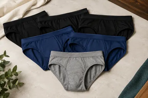 Lot de six slips homme unis en coton, trois noirs, deux bleus et un gris, disposés en studio.