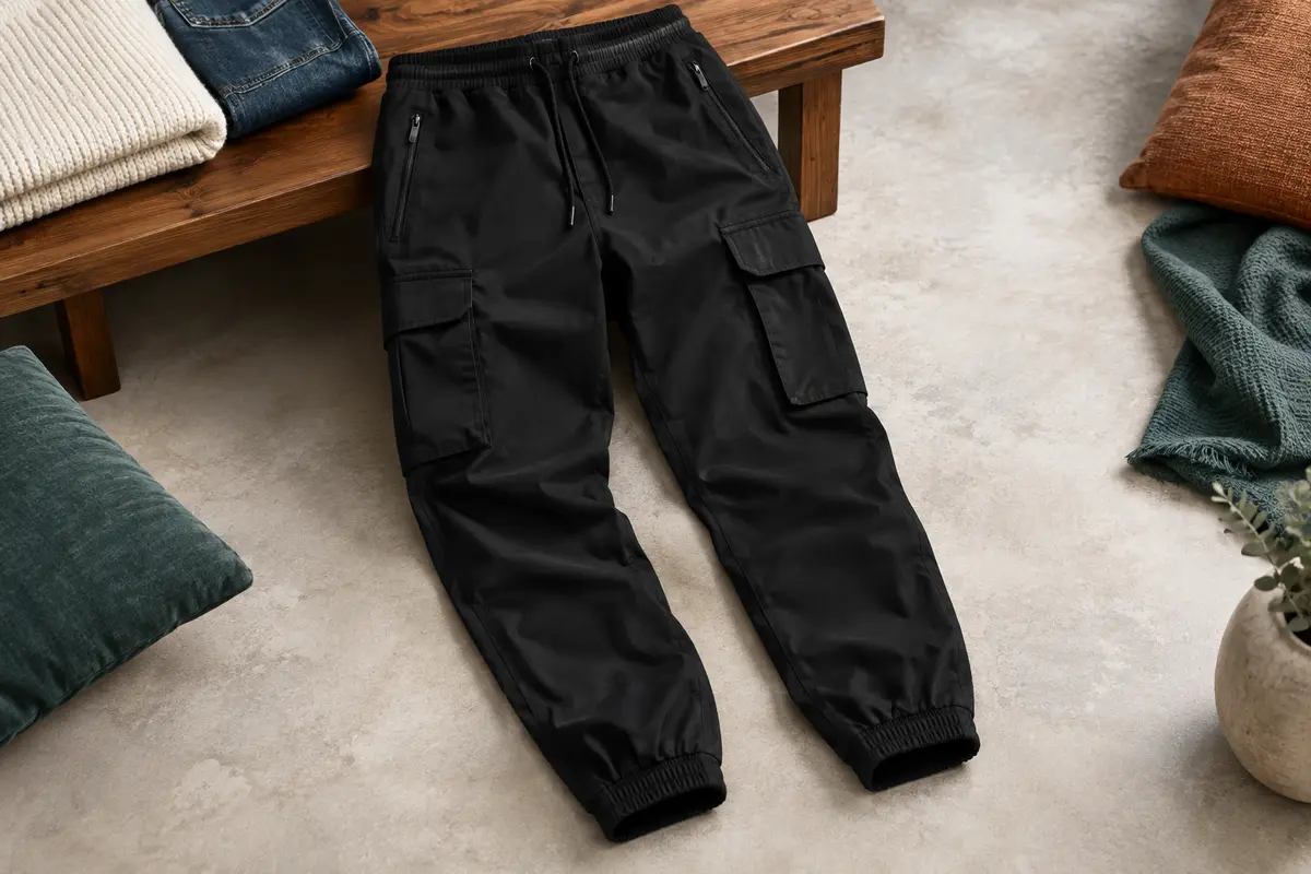 Pantalon jogger cargo noir avec taille à cordon, chevilles extensibles et poches zippées, posé en studio