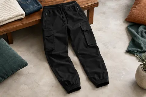 Pantalon jogger cargo noir avec taille à cordon, chevilles extensibles et poches zippées, posé en studio