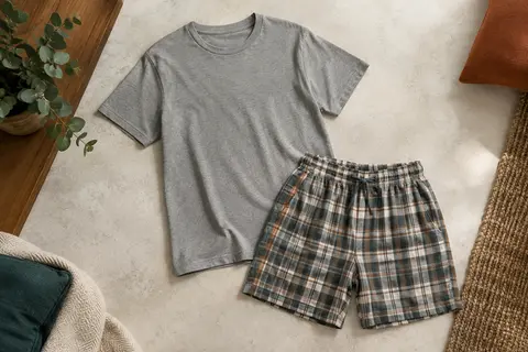 Ensemble de pyjama homme gris en coton, avec haut à manches courtes et short à carreaux posé en studio.