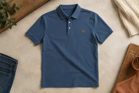 Polo homme bleu en coton à manches courtes, avec col trois boutons et broderie de cerf sur la poitrine