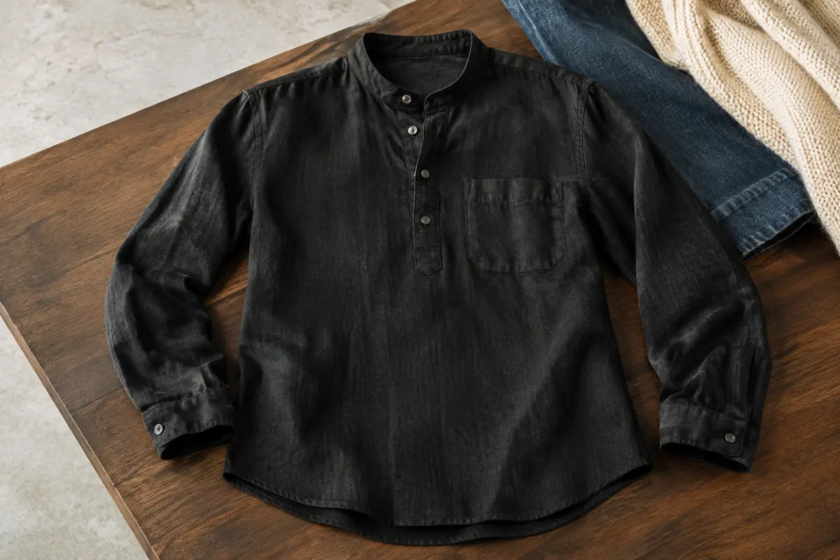 Chemise Henley noire à manches longues en mélange de coton et de lin, posée sur un fond de studio clair.