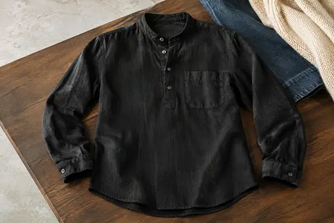 Chemise Henley noire à manches longues en mélange de coton et de lin, posée sur un fond de studio clair.