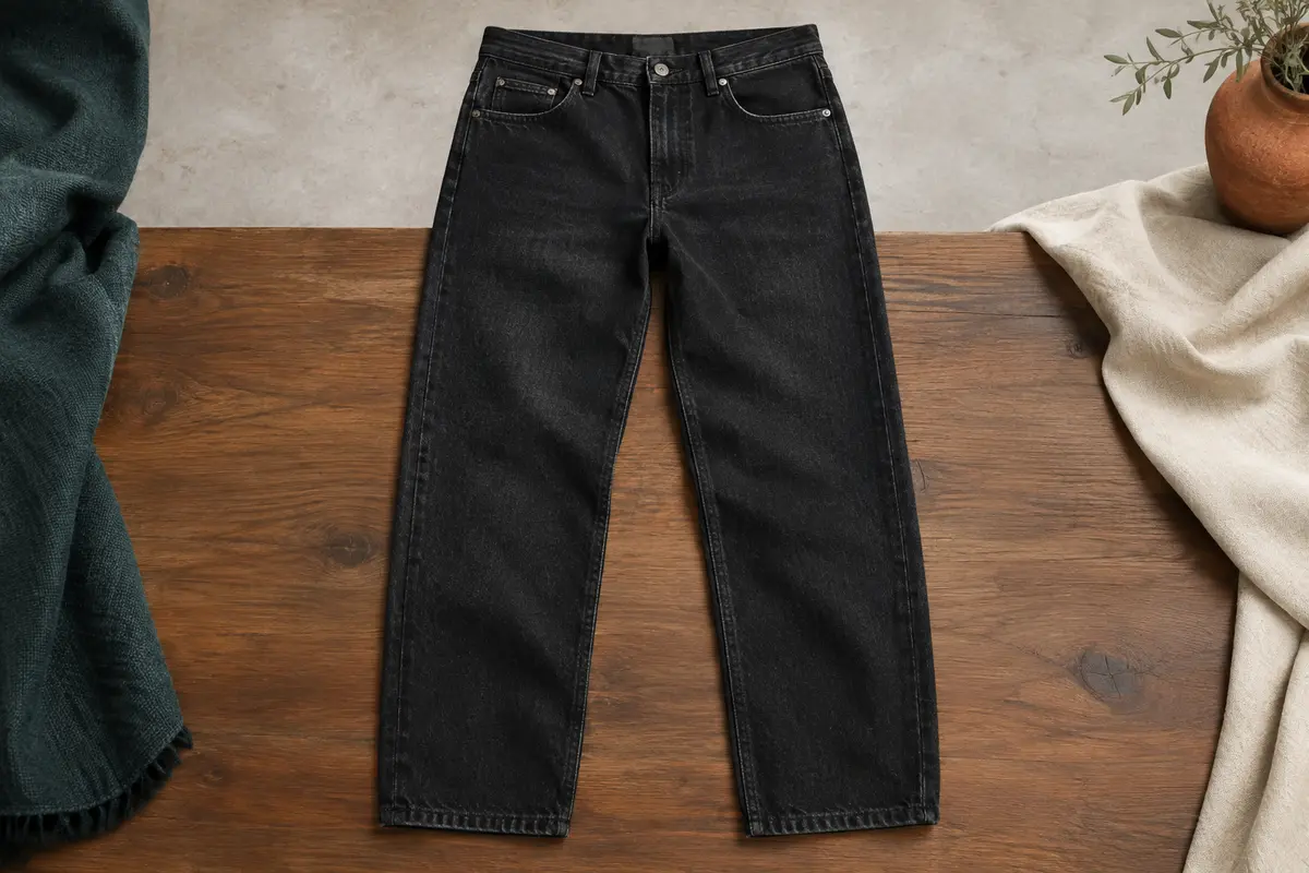Jean homme noir Comfort Fit présenté à plat en studio, avec la texture du denim et ses cinq poches visibles.