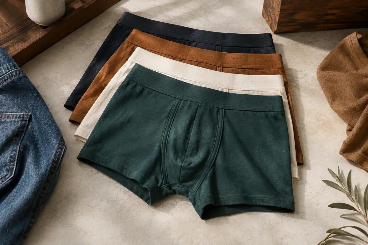 Lot de six boxers homme unis en coton, pliés dans un décor de vestiaire aux tons naturels
