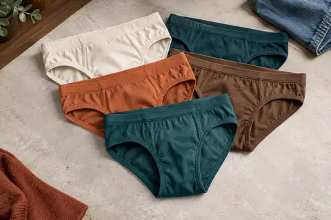 Lot de cinq slips homme unis en coton, disposés sur un fond minéral clair avec du denim et du bois.