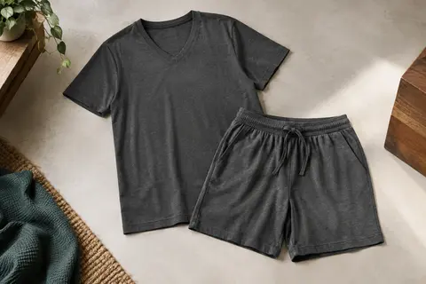 Pyjama court homme en coton gris foncé, avec tee-shirt à col V et short à cordon