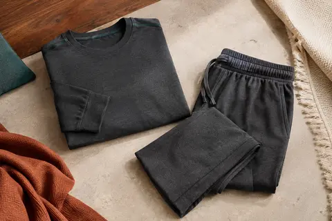 Ensemble pyjama homme gris foncé, haut à manches longues et pantalon ample avec poches latérales