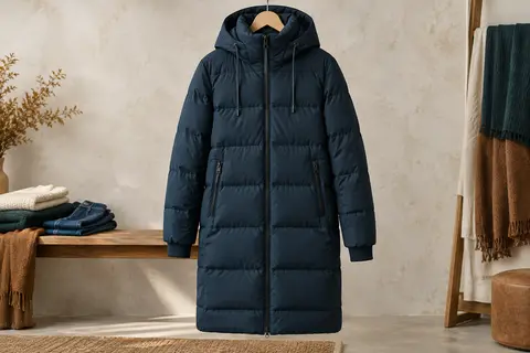 Parka longue matelassée bleu foncé avec capuche à cordon, col montant et poches zippées