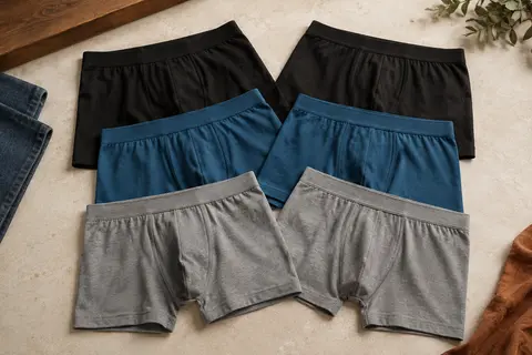 Six boxers homme unis en coton, deux noirs, deux bleus et deux gris, disposés à plat en studio.