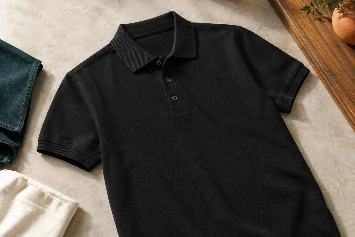 Polo homme noir en maille piquée avec col côtelé, patte boutonnée et manchettes à côtes