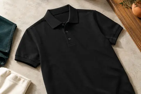 Polo homme noir en maille piquée avec col côtelé, patte boutonnée et manchettes à côtes