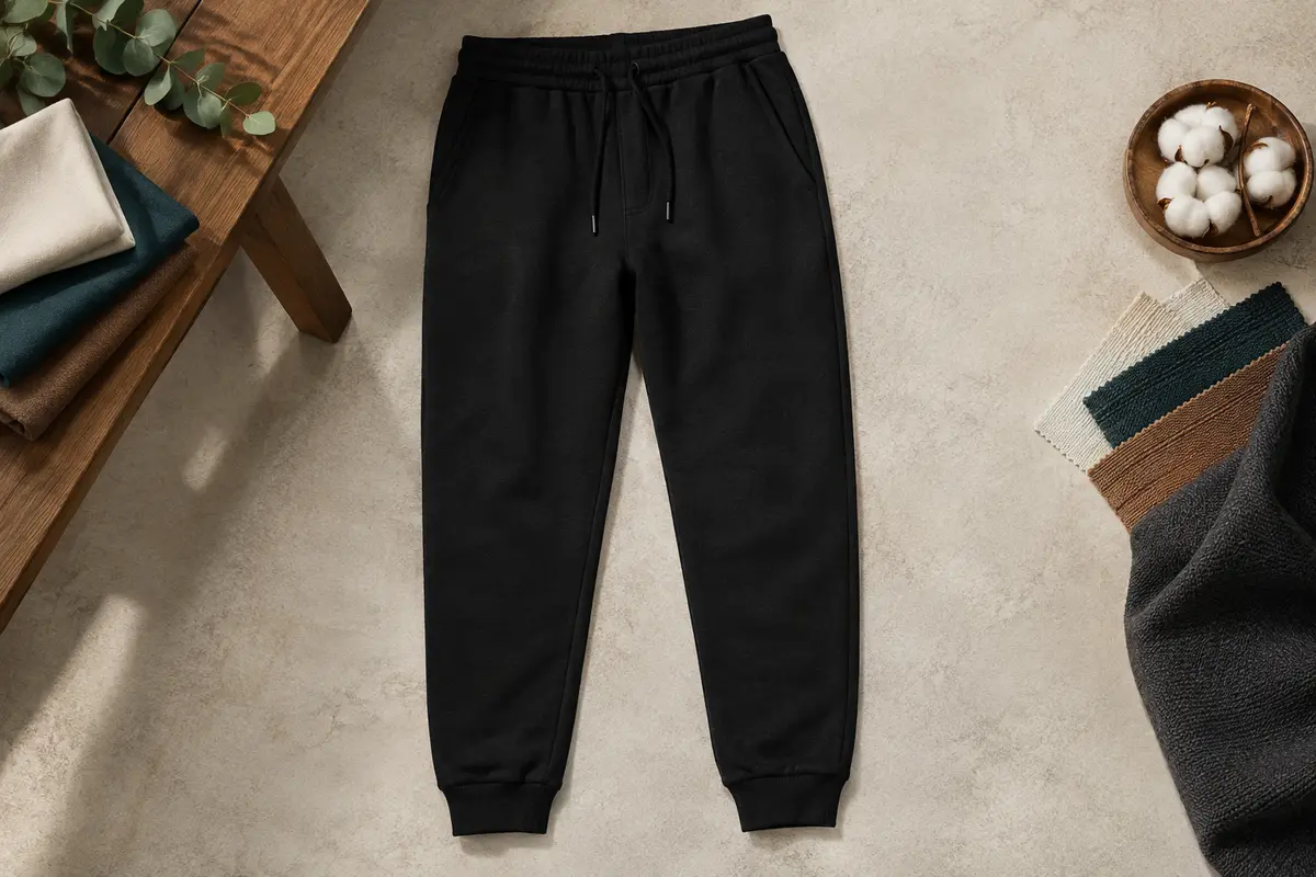 Pantalon de jogging noir en maille French terry présenté à plat sur un fond minéral clair près d’un banc en bois.