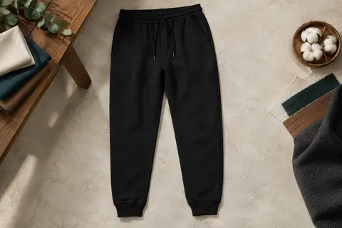 Pantalon de jogging noir en maille French terry présenté à plat sur un fond minéral clair près d’un banc en bois.