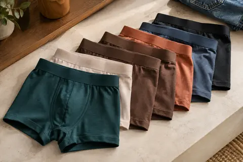 Lot de six boxers homme unis en coton mélangé, pliés sur un fond minéral clair.