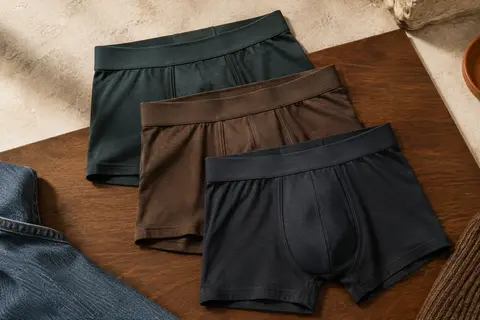 Trois boxers homme en coton foncé, pliés sur un fond minéral clair avec des matières textiles visibles