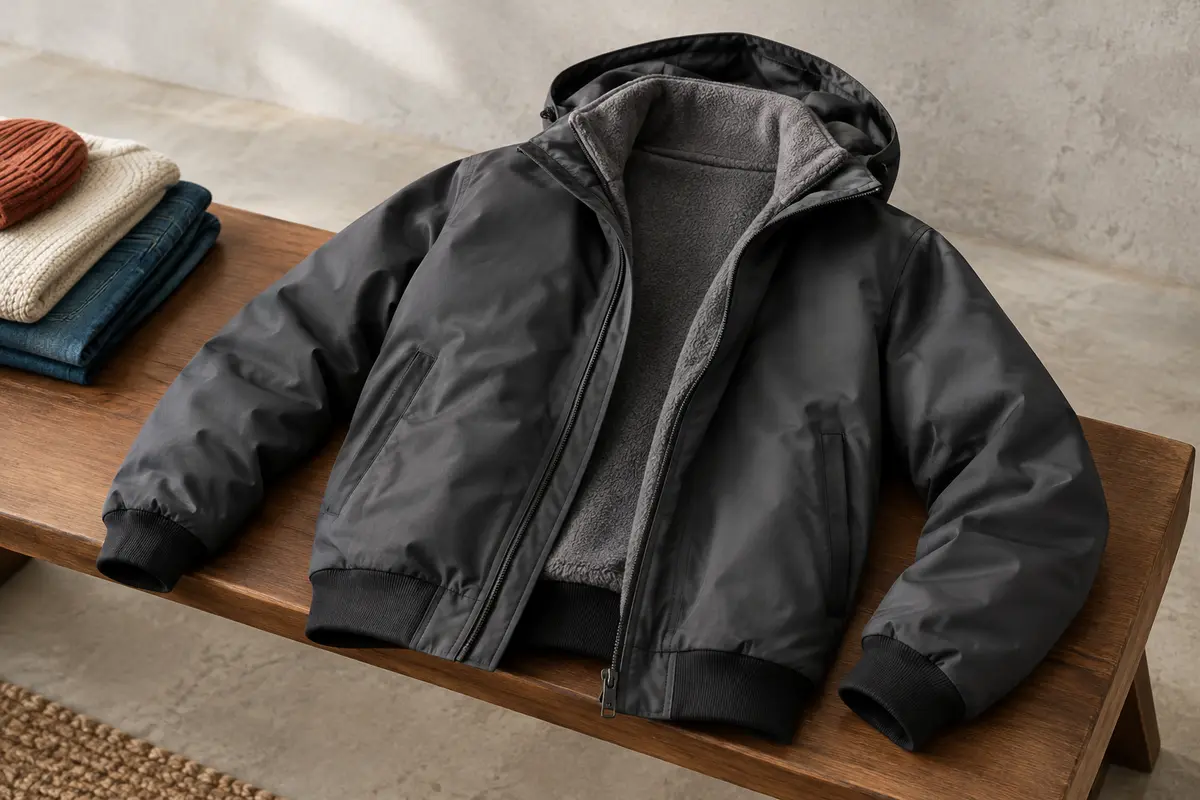 Blouson aviateur homme noir et gris, doublé de polaire au col et au corps, avec capuche dissimulée.