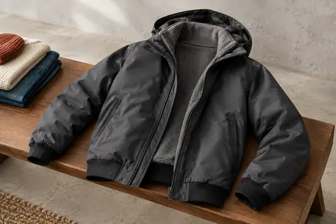 Blouson aviateur homme noir et gris, doublé de polaire au col et au corps, avec capuche dissimulée.