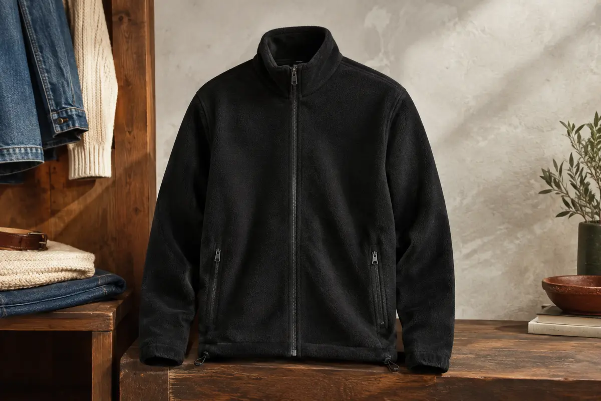 Polaire homme noire zippée avec deux poches basses, présentée dans un décor de vestiaire clair