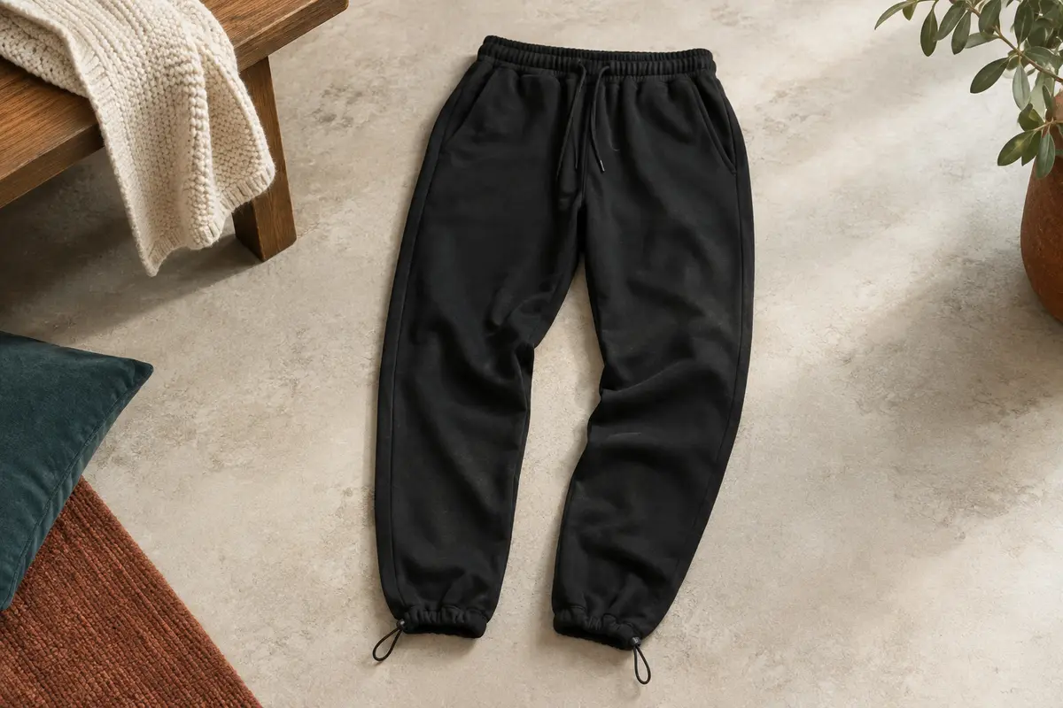 Pantalon de jogging noir en coton mélangé, avec taille élastique, poches latérales et bas de jambes ajustables.