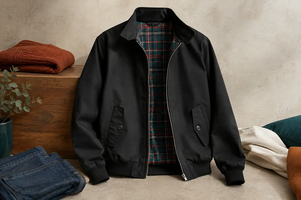 Veste Harrington noire avec doublure tartan, fermeture métallique et poches à bouton, photographiée en studio.