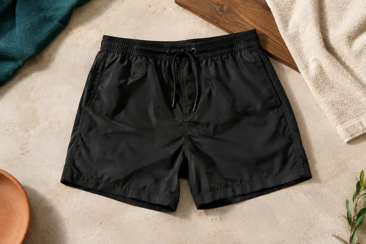 Short de bain noir uni à cordon, posé sur une surface claire avec une serviette en coton et du bois.