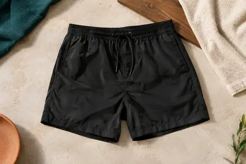 Short de bain noir uni à cordon, posé sur une surface claire avec une serviette en coton et du bois.
