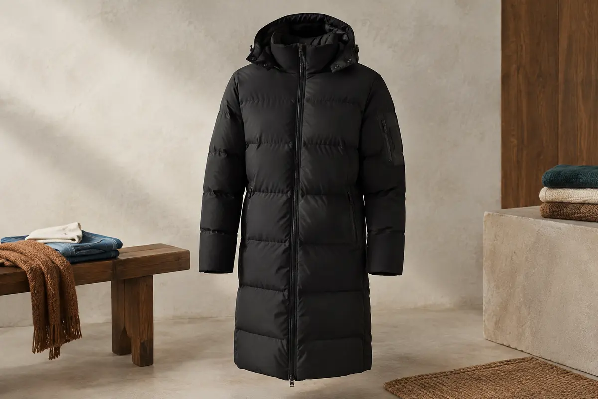 Parka longue noire matelassée avec capuche amovible, poches multiples et fermeture zippée