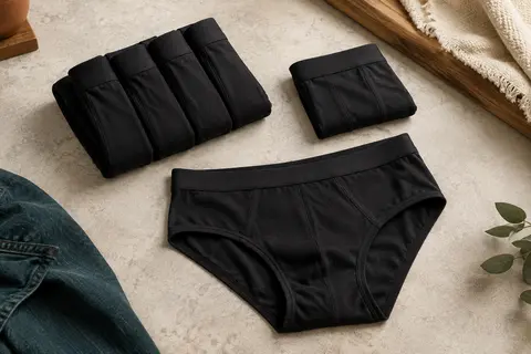 Lot de cinq slips homme unis en coton, disposés à plat sur un fond minéral clair.
