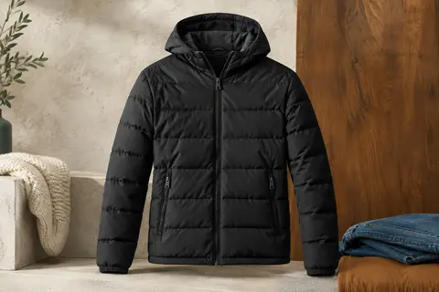 Blouson homme noir en nylon au matelassage en relief, avec capuche et deux poches avant