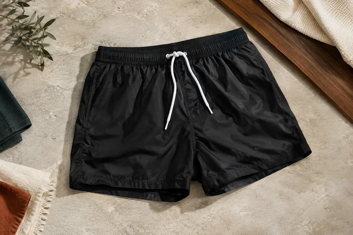 Short de bain noir en nylon à cordons blancs, présenté à plat sur un fond minéral clair.