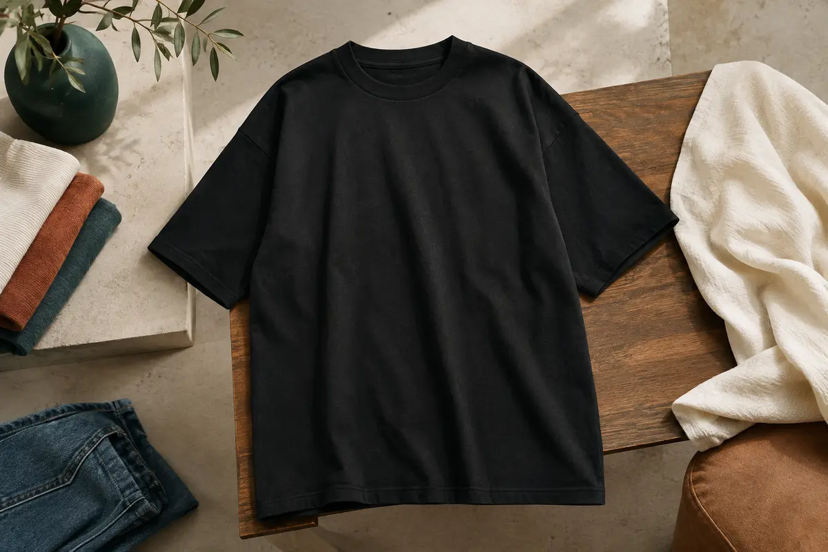 T-shirt noir en coton jersey à la coupe longue oversize, présenté à plat dans un décor de studio clair.