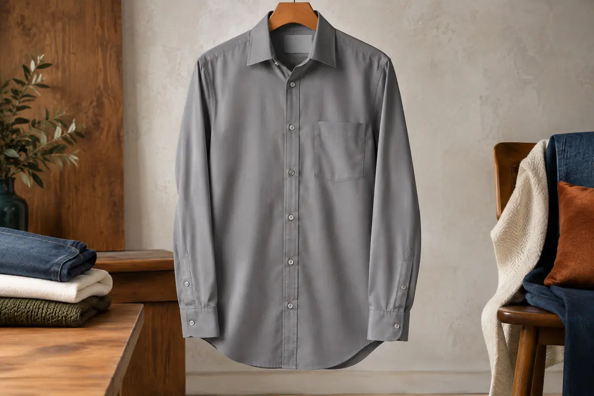 Chemise de travail grise à manches longues, col français renforcé et poche plaquée sur un fond minéral clair.