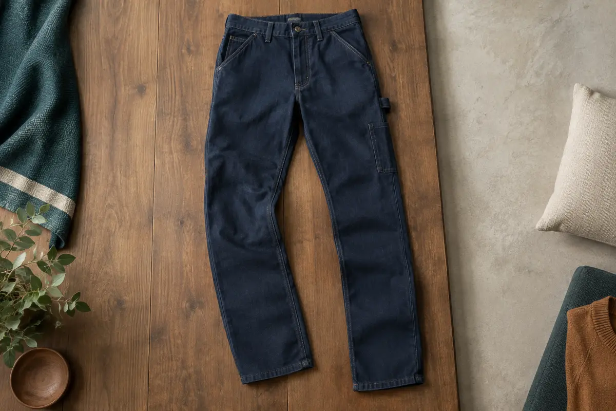 Jean de travail homme bleu marine en denim stretch, avec poches pratiques et braguette zippée