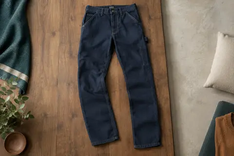 Jean de travail homme bleu marine en denim stretch, avec poches pratiques et braguette zippée