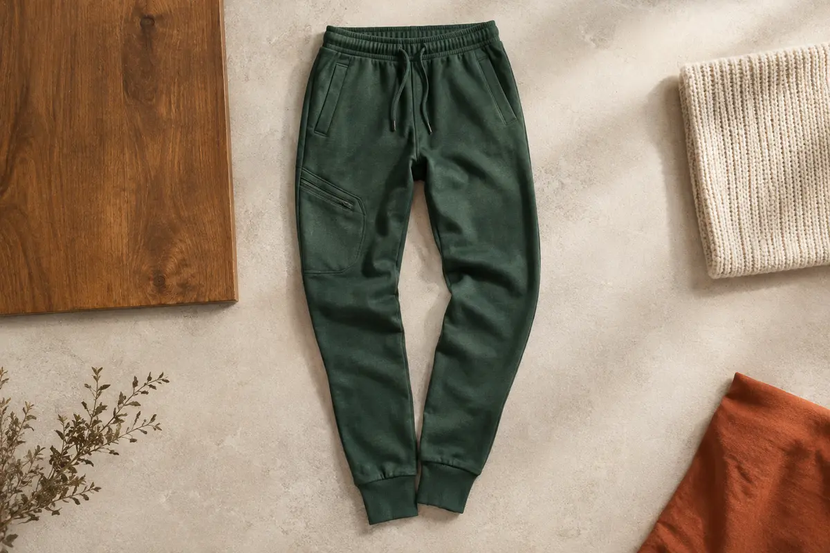 Pantalon de jogging homme vert en coton, avec cordon à la taille, poches asymétriques et bas côtelés