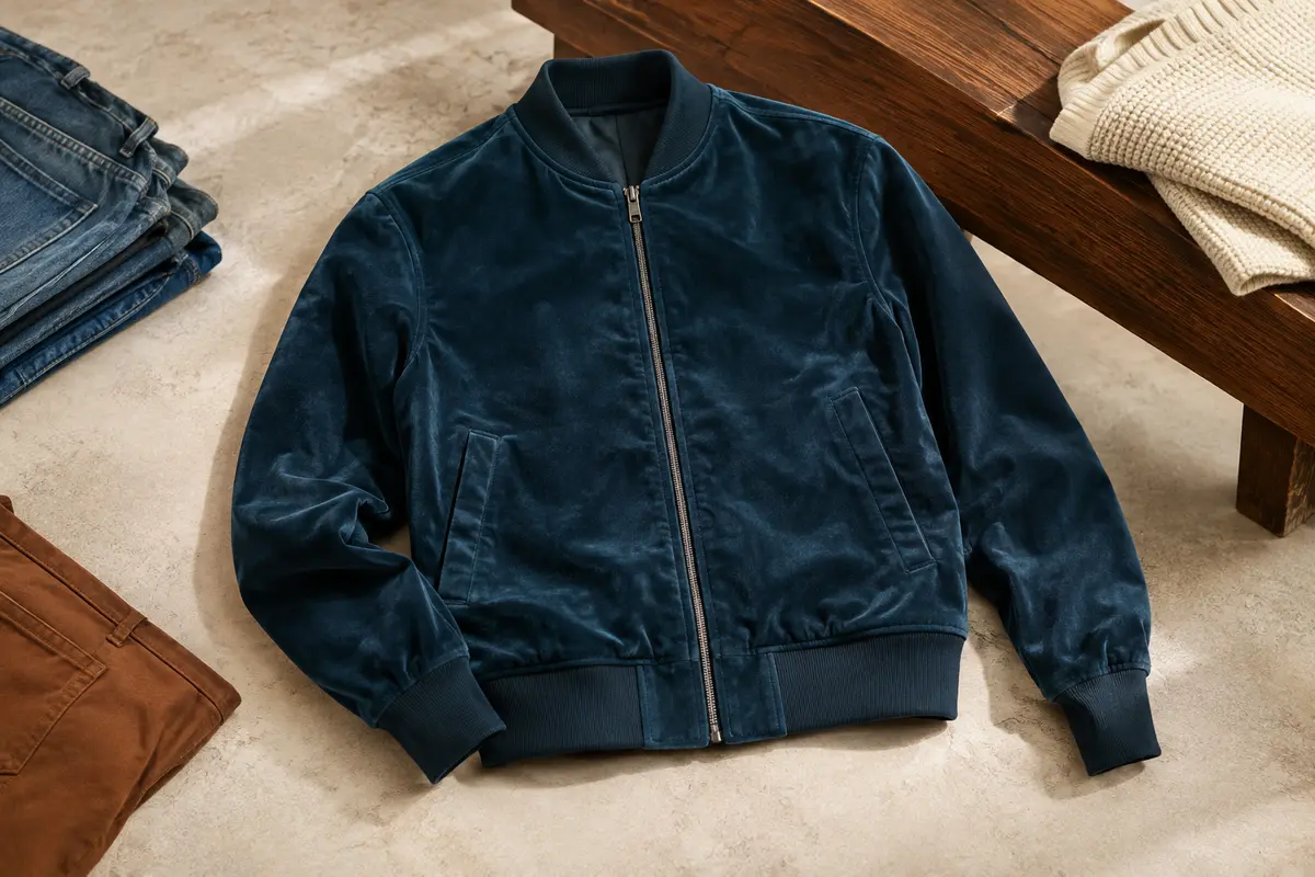 Blouson bomber bleu à col montant et finitions côtelées posé dans un décor de studio clair