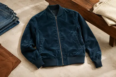 Blouson bomber bleu à col montant et finitions côtelées posé dans un décor de studio clair