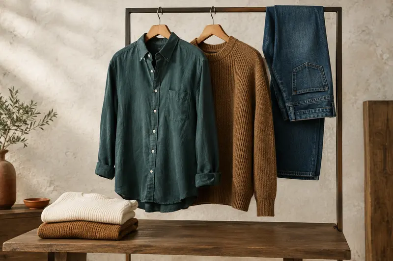 Chemise, pull en maille et pantalon en denim présentés dans une composition éditoriale de vestiaire