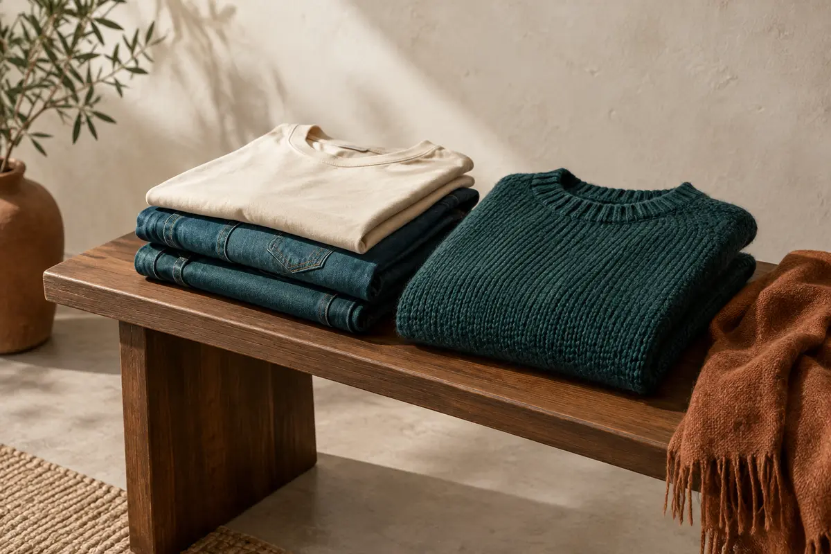 Haut en coton, pantalon en denim et pull en maille présentés dans un vestiaire masculin en studio